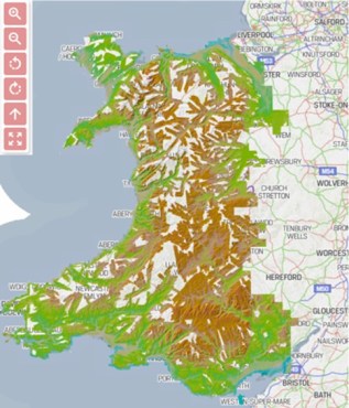Map o Gymru o'r llwyfan geo-ofodol