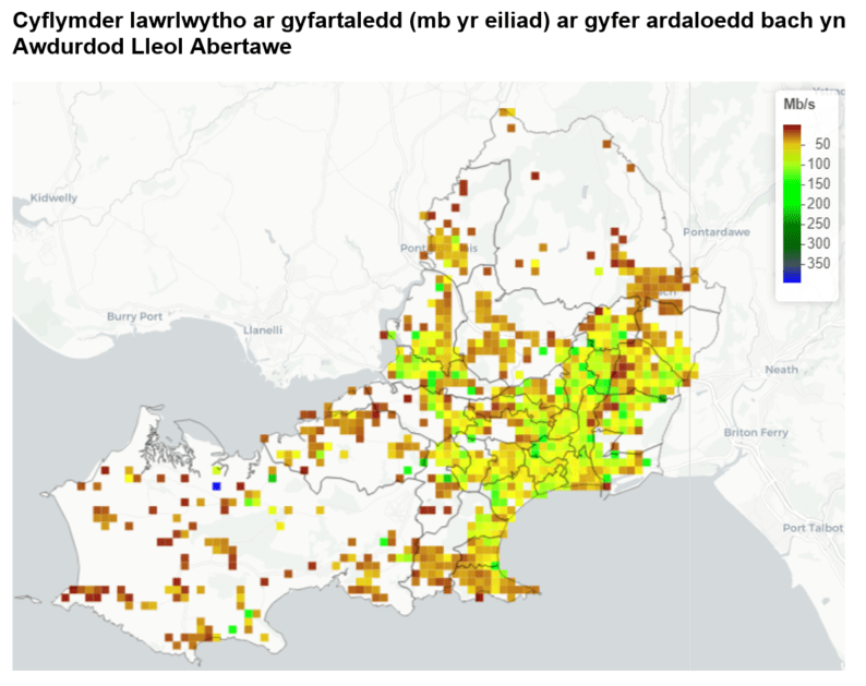 Cyflymder lawrlwytho ar gyfartaledd (mb yr eiliad) ar gyfer ardaloedd bach yn Awdurdod Lleol Abertawe